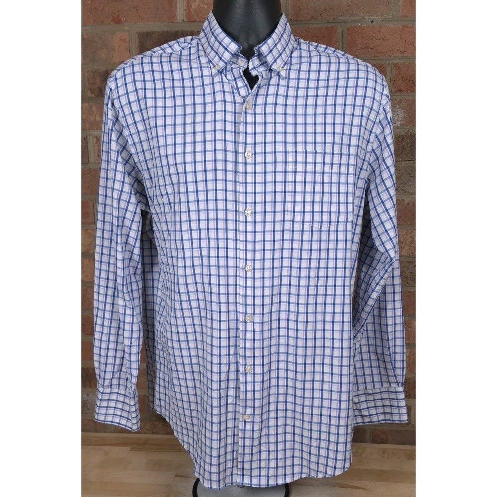 Peter Millar Summer Comfort Mens Medium White Blue Plaid Button Down Shirt LS